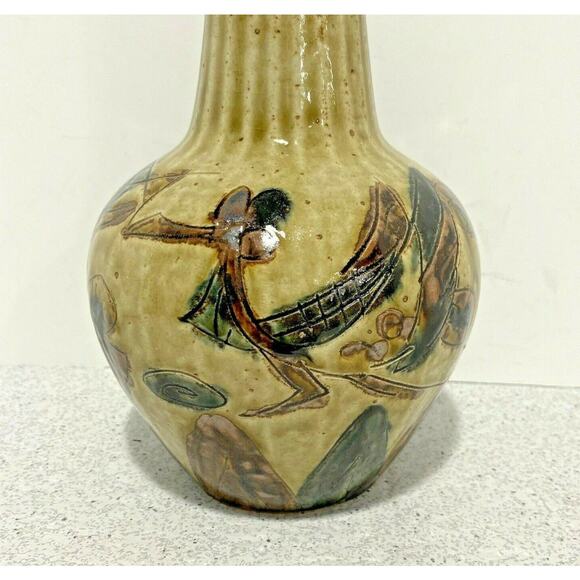 Vintage Mid Century Art Pottery Vase Drip Glaze Incised Brutalist Okinawa Japan - Picture 5 of 16